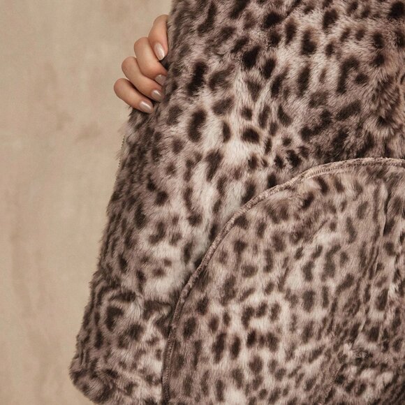 Pink Casual Women's Faux Fur Lined Motorcycle Jacket With Leopard Print - Picture 8 of 8